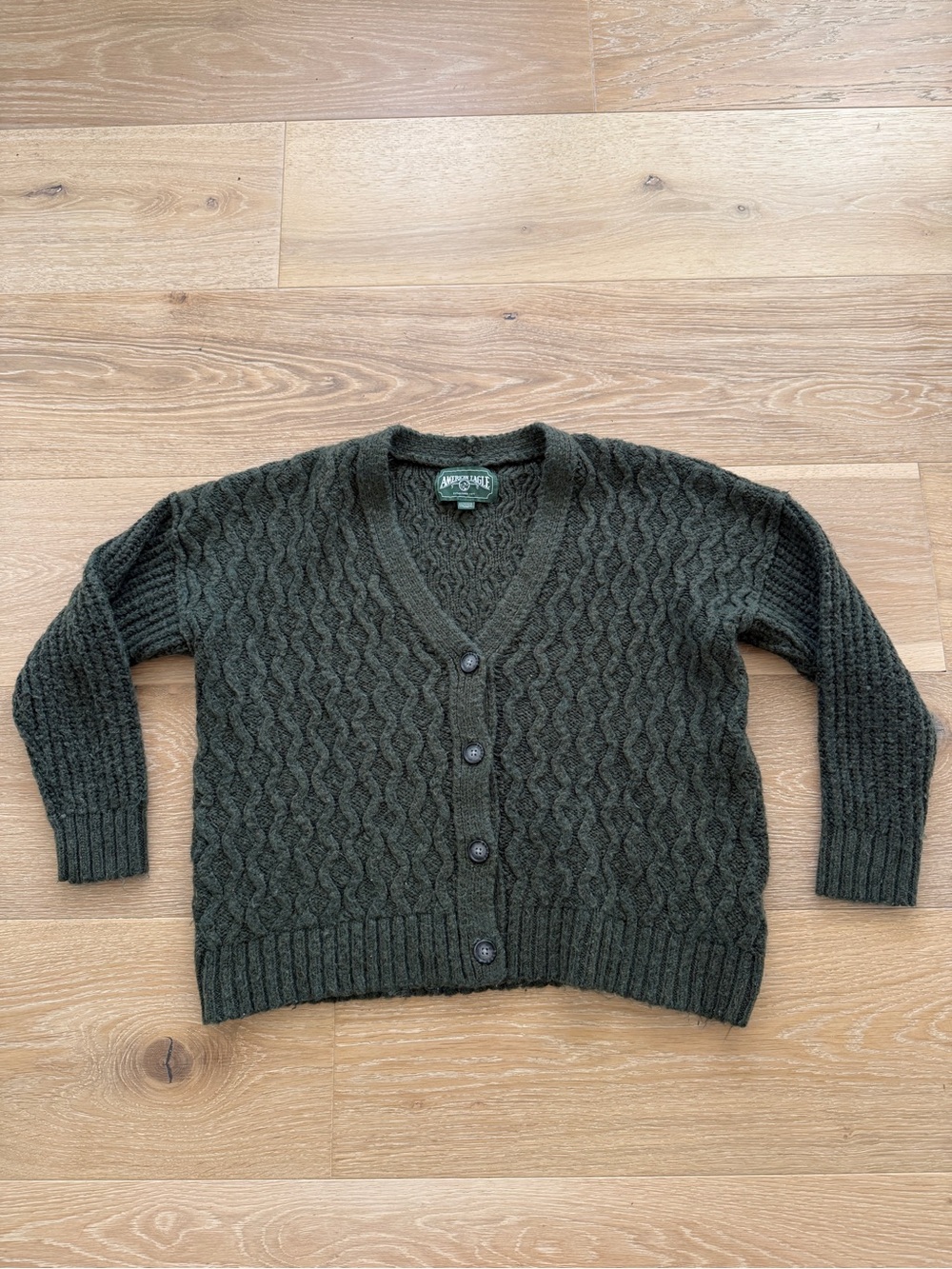 American Eagle Women’s Olive Green Cable Knit V-Neck Cardigan